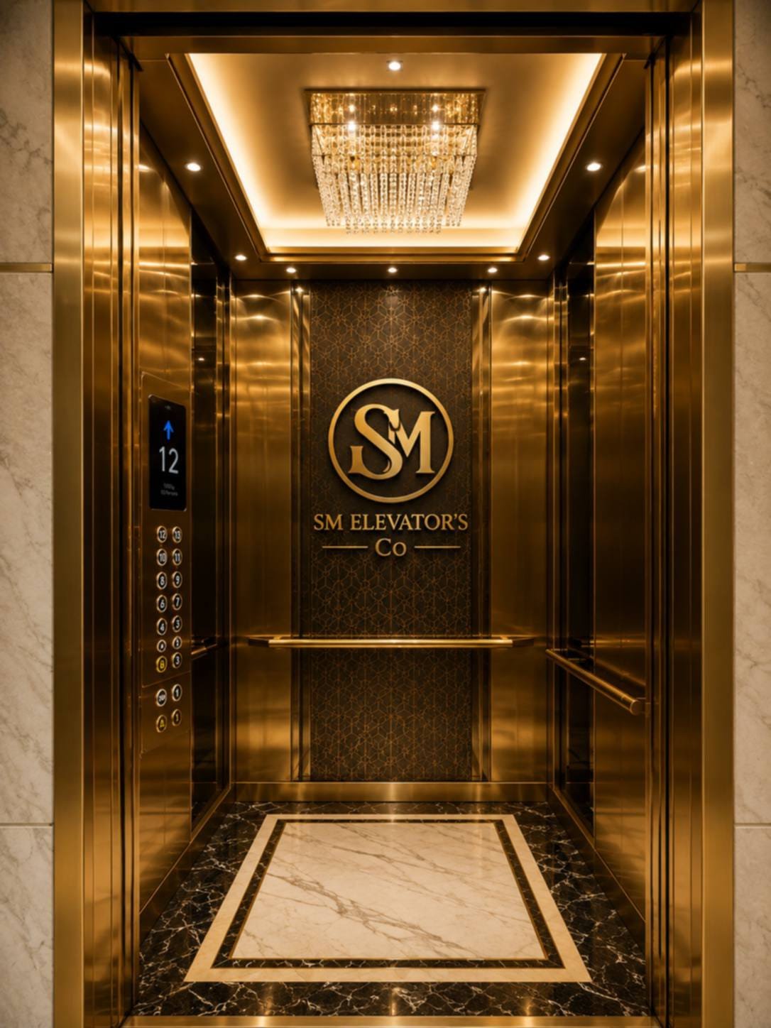 SM Elevator's Co. luxury elevator cabin with gold finish
